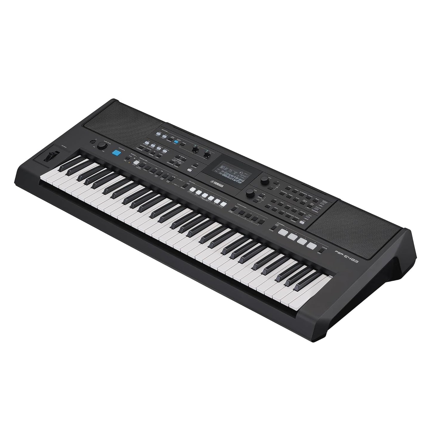 Yamaha PSR-E483 Kenya portable keyboard angled view showing Live Control Knobs and Pitch Bend wheel