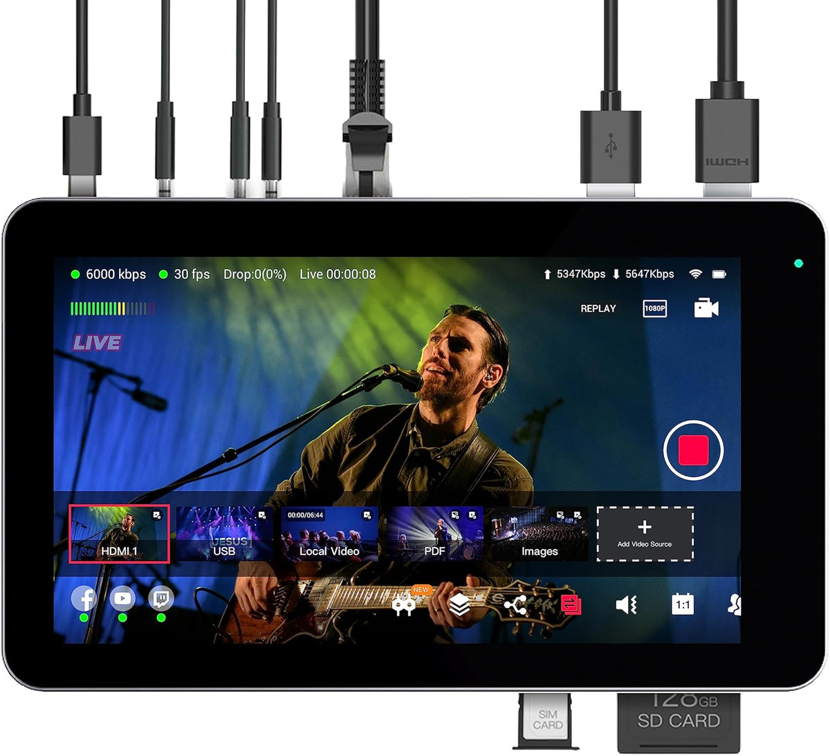 YoloBox Mini live streaming encoder front view with 5.5-inch touchscreen