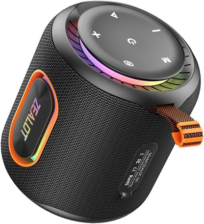 ZEALOT M1 Bluetooth Speaker front view showing 30W waterproof design and controls