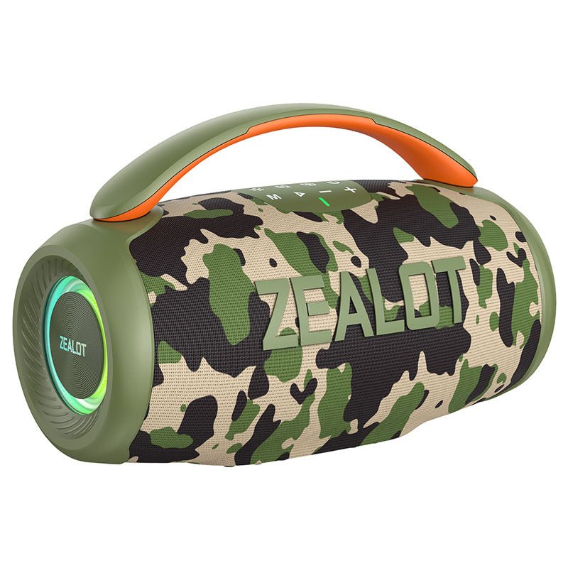ZEALOT P11 Bluetooth Speaker side profile showing Type-C charging port and body depth, Camouflage variant