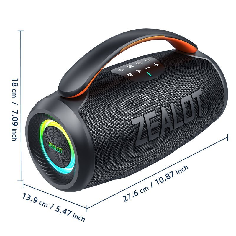ZEALOT P11 Bluetooth Speaker side profile showing Type-C charging port and body depth, Grey variant