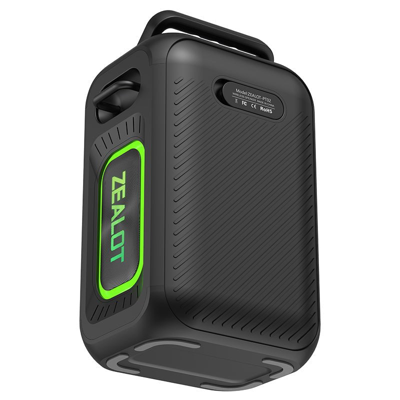 ZEALOT PT02 Bluetooth Speaker side profile showing IPX6 waterproof build and Type-C port