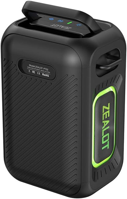 ZEALOT PT02 Bluetooth Speaker side profile showing IPX6 waterproof build and Type-C port