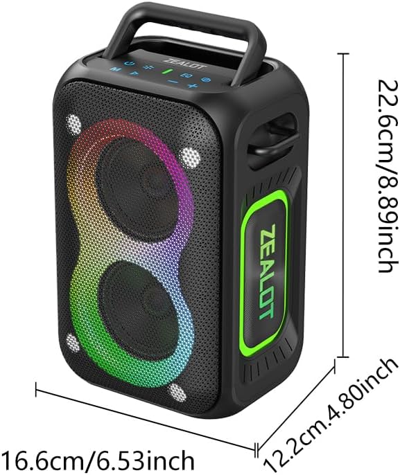 ZEALOT PT02 Bluetooth Speaker side profile showing IPX6 waterproof build and Type-C port
