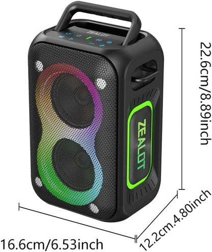 ZEALOT PT02 Bluetooth Speaker side profile showing IPX6 waterproof build and Type-C port