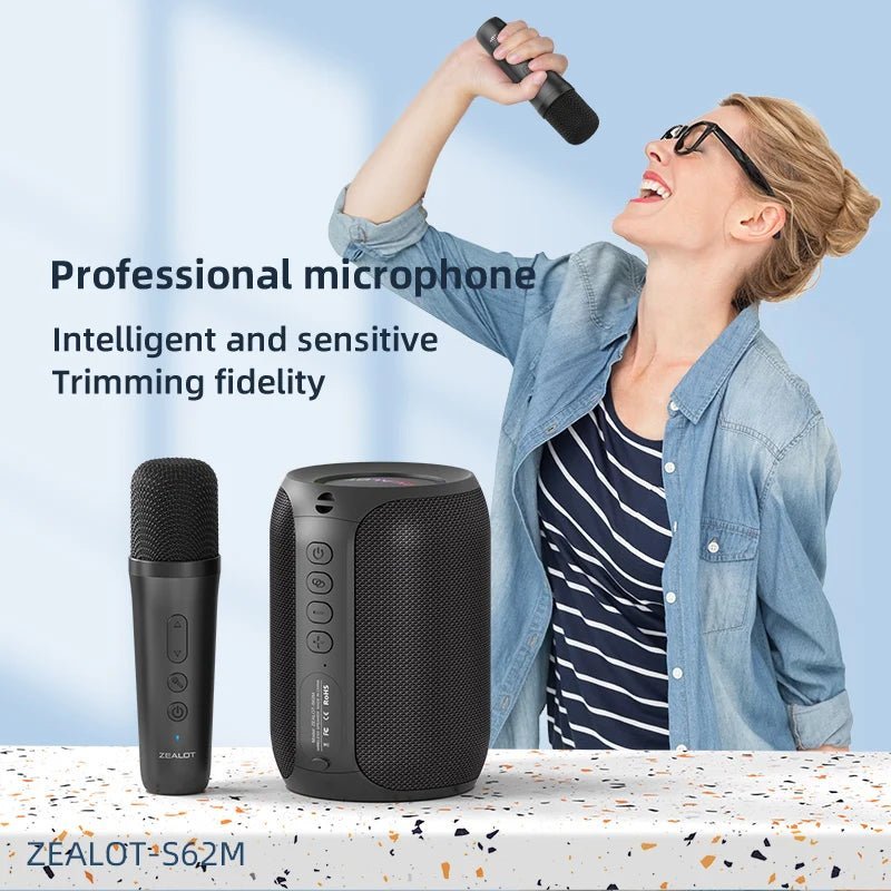 ZEALOT S62M karaoke speaker Kenya with wireless microphone held by singer showing professional mic design