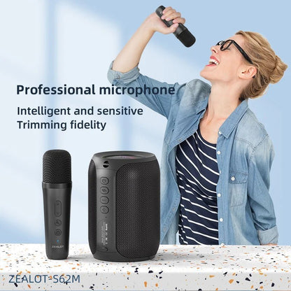 ZEALOT S62M karaoke speaker Kenya with wireless microphone held by singer showing professional mic design
