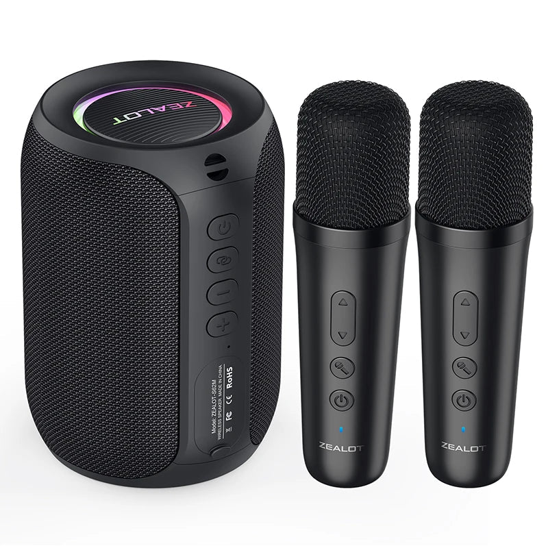 ZEALOT S62M karaoke speaker Kenya top-down view showing RGB ring, fabric grille, and two wireless microphones included