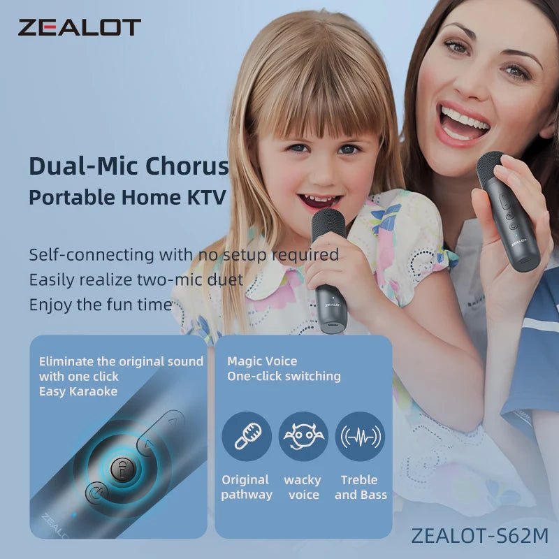 ZEALOT S62M karaoke speaker Kenya dual-mic chorus feature with two people singing using wireless mics
