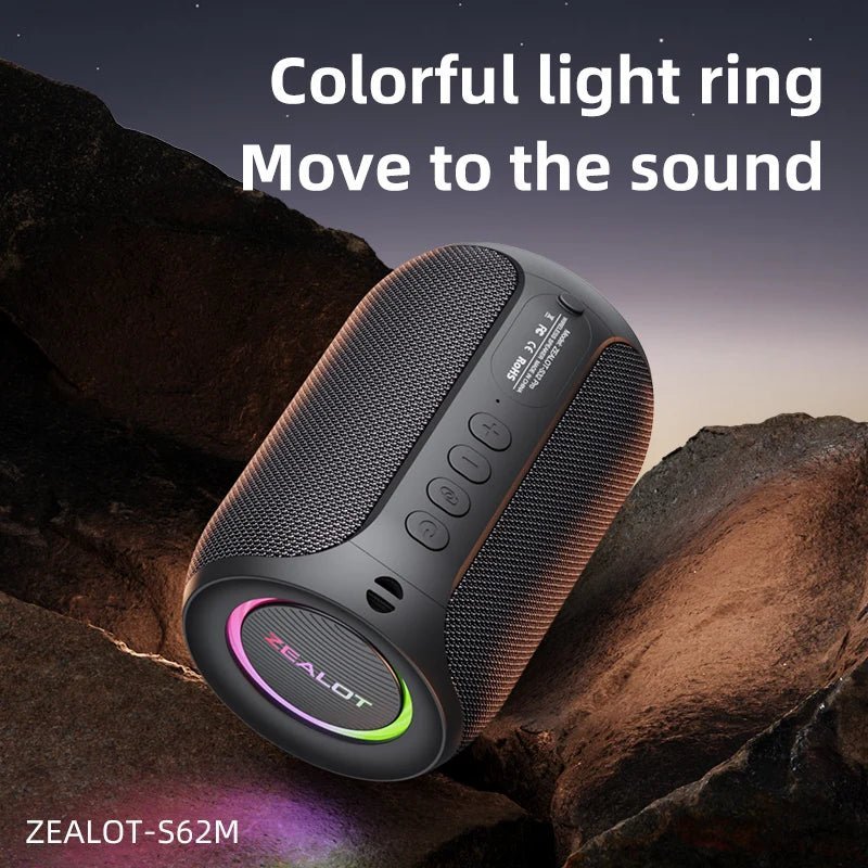 ZEALOT S62M karaoke speaker Kenya with colorful RGB light ring glowing at base against dark rocky background
