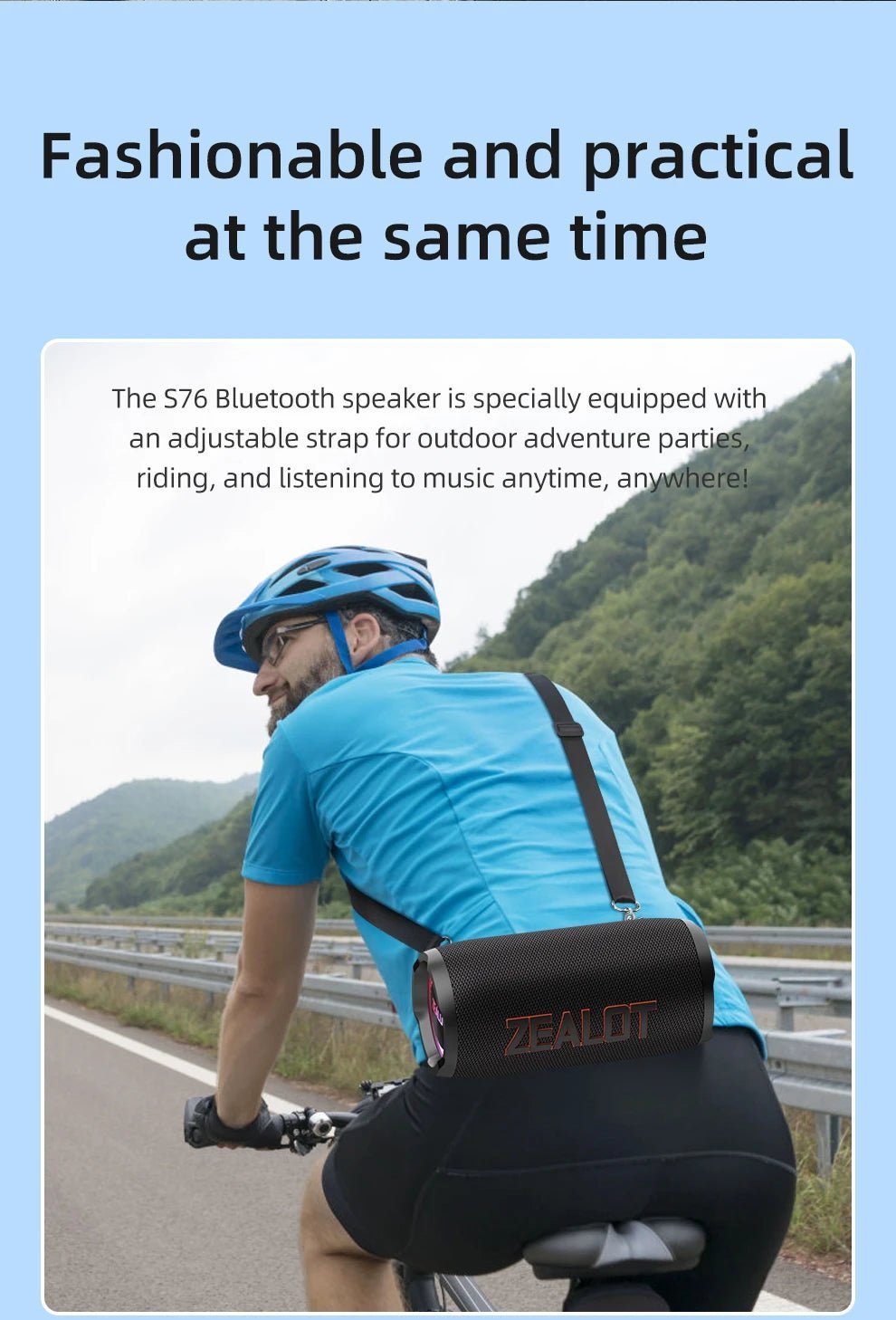 ZEALOT S76 Bluetooth speaker Kenya worn via adjustable shoulder strap by cyclist on outdoor road