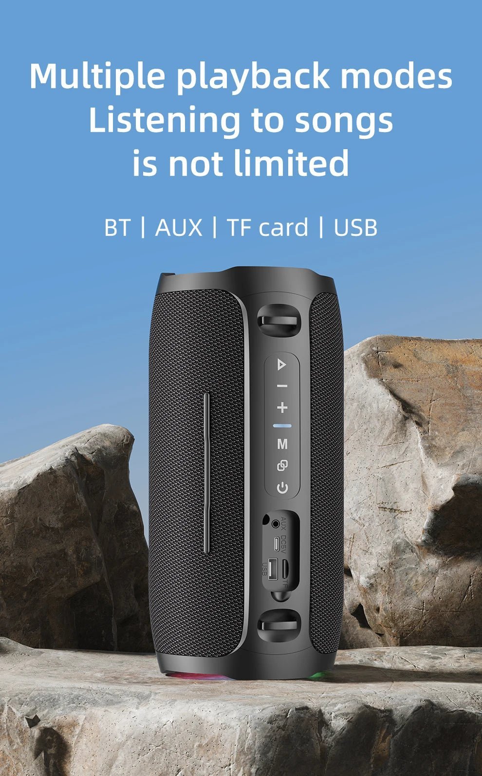 ZEALOT S76 Bluetooth speaker Kenya rear panel showing BT, AUX, TF card and USB ports on rocks background
