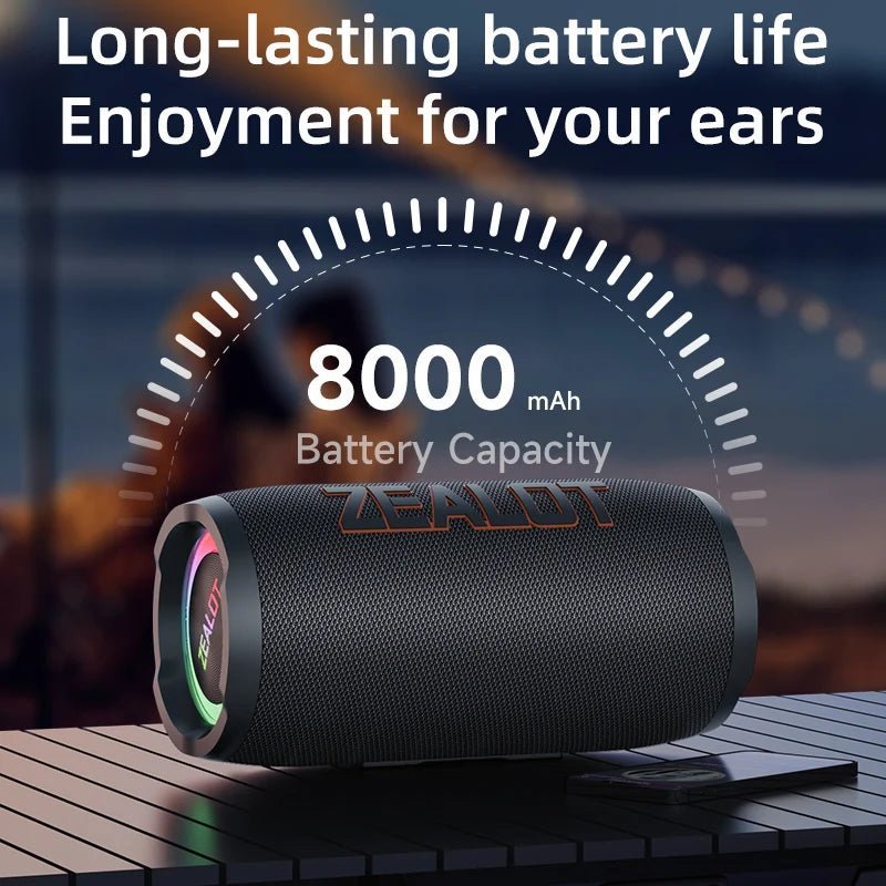 ZEALOT S76 Bluetooth speaker Kenya lifestyle shot showing IPX6 waterproof rating in outdoor setting