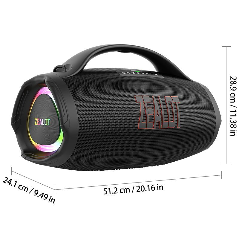 ZEALOT S98 160W Bluetooth speaker top view showing TF card slot and LED indicators