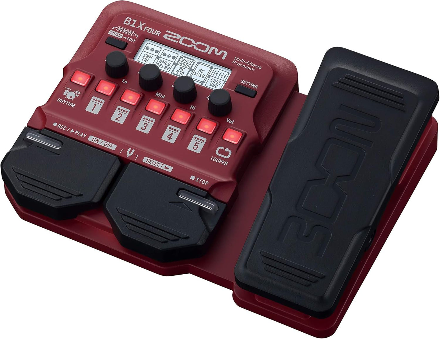 Zoom B1X Four top panel showing effects controls, expression pedal, and patch display