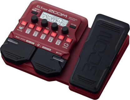 Zoom B1X Four top panel showing effects controls, expression pedal, and patch display