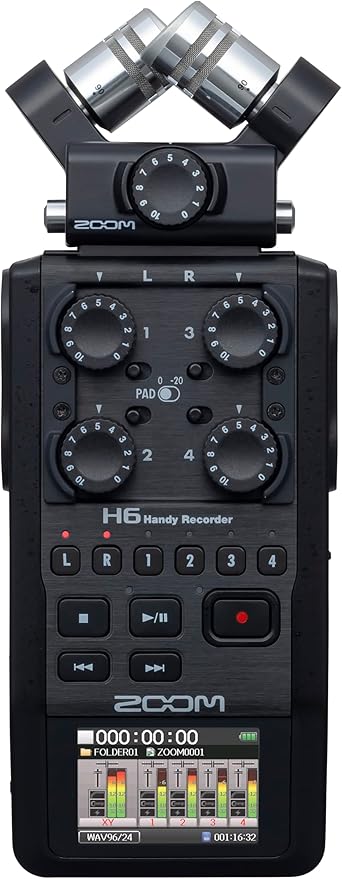 Zoom H6 recorder Kenya front view with XY stereo capsule, four gain knobs, transport controls and 6-track LCD display