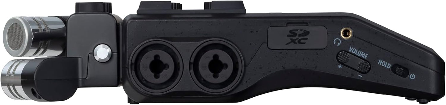 Zoom H6 recorder Kenya side panel with SDXC card slot, headphone jack, volume dial, Hold switch and power button