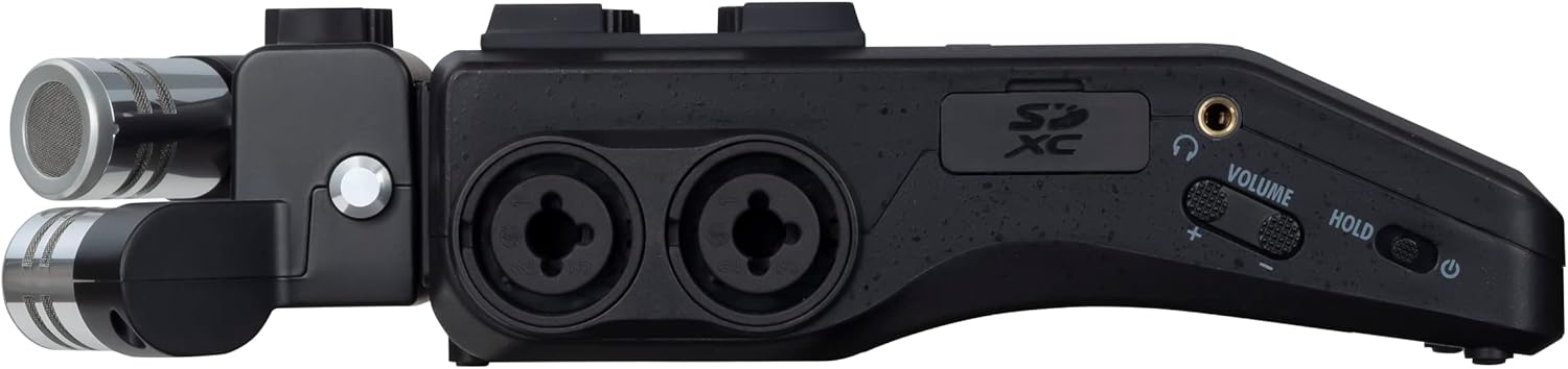 Zoom H6 recorder Kenya side panel with SDXC card slot, headphone jack, volume dial, Hold switch and power button