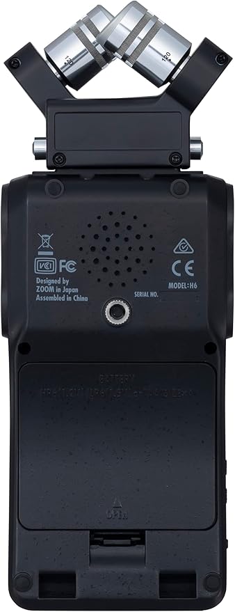 Zoom H6 recorder Kenya rear panel showing built-in speaker, serial number plate, CE/FCC markings and tripod mount