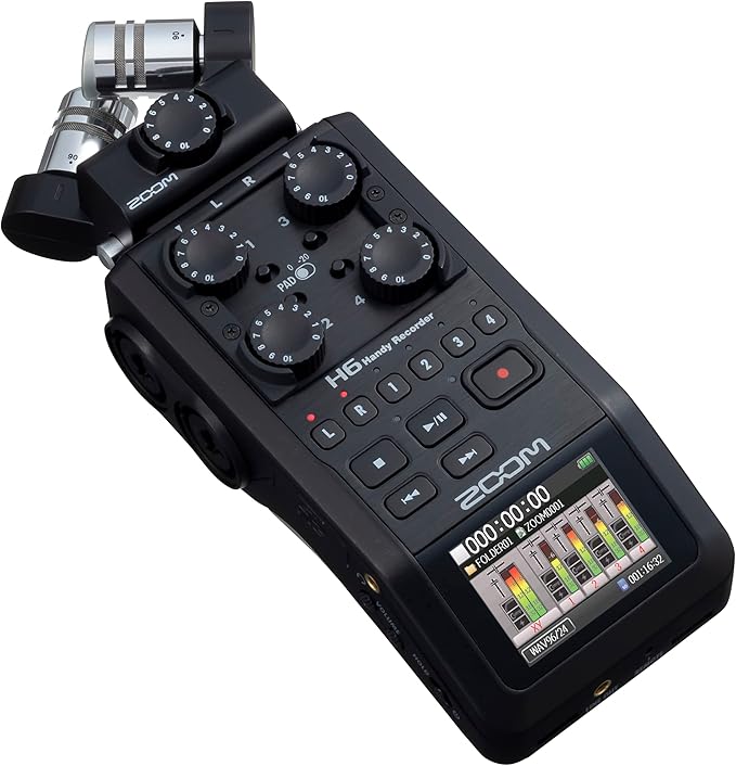 Zoom H6 recorder Kenya — angled front view showing XY mic capsule, gain knobs, track buttons and color LCD screen