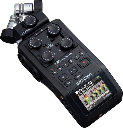 Zoom H6 recorder Kenya — angled front view showing XY mic capsule, gain knobs, track buttons and color LCD screen