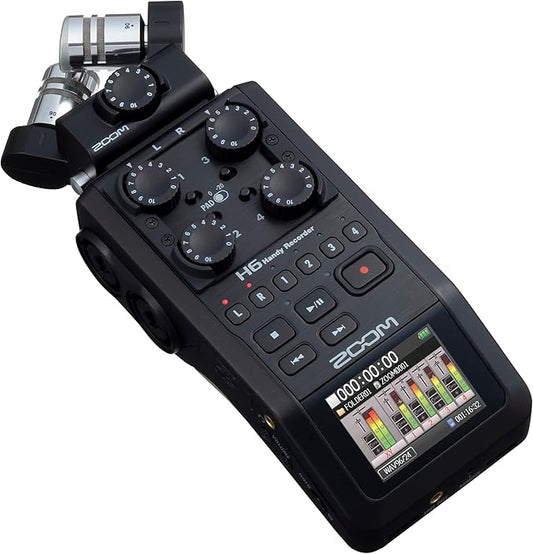 Zoom H6 recorder Kenya — angled front view showing XY mic capsule, gain knobs, track buttons and color LCD screen