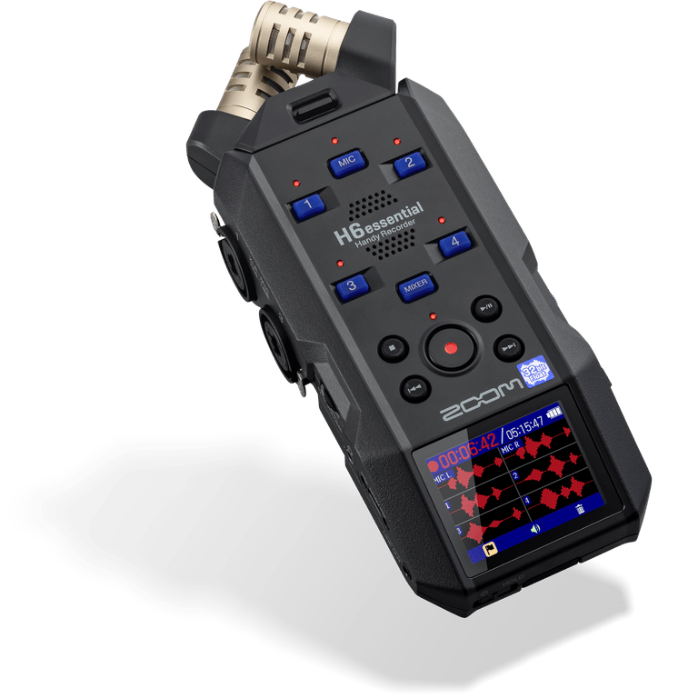 Zoom H6essential 32-bit float recorder front view with X/Y mic capsule